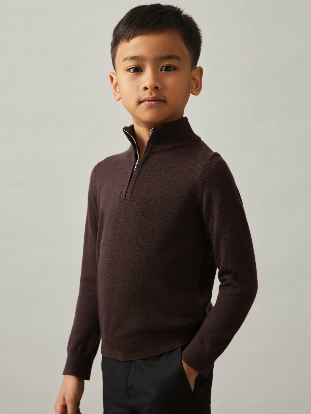 9-13 yrs Merino Wool Half-Zip Funnel Neck Jumper in Dark Bordeaux | Reiss Children & Baby New