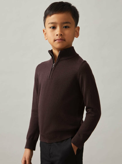 9-13 yrs Merino Wool Half-Zip Funnel Neck Jumper in Dark Bordeaux | Reiss Children & Baby New