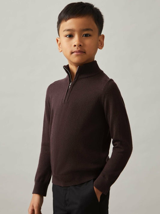 9-13 yrs Merino Wool Half-Zip Funnel Neck Jumper in Dark Bordeaux | Reiss Children & Baby New