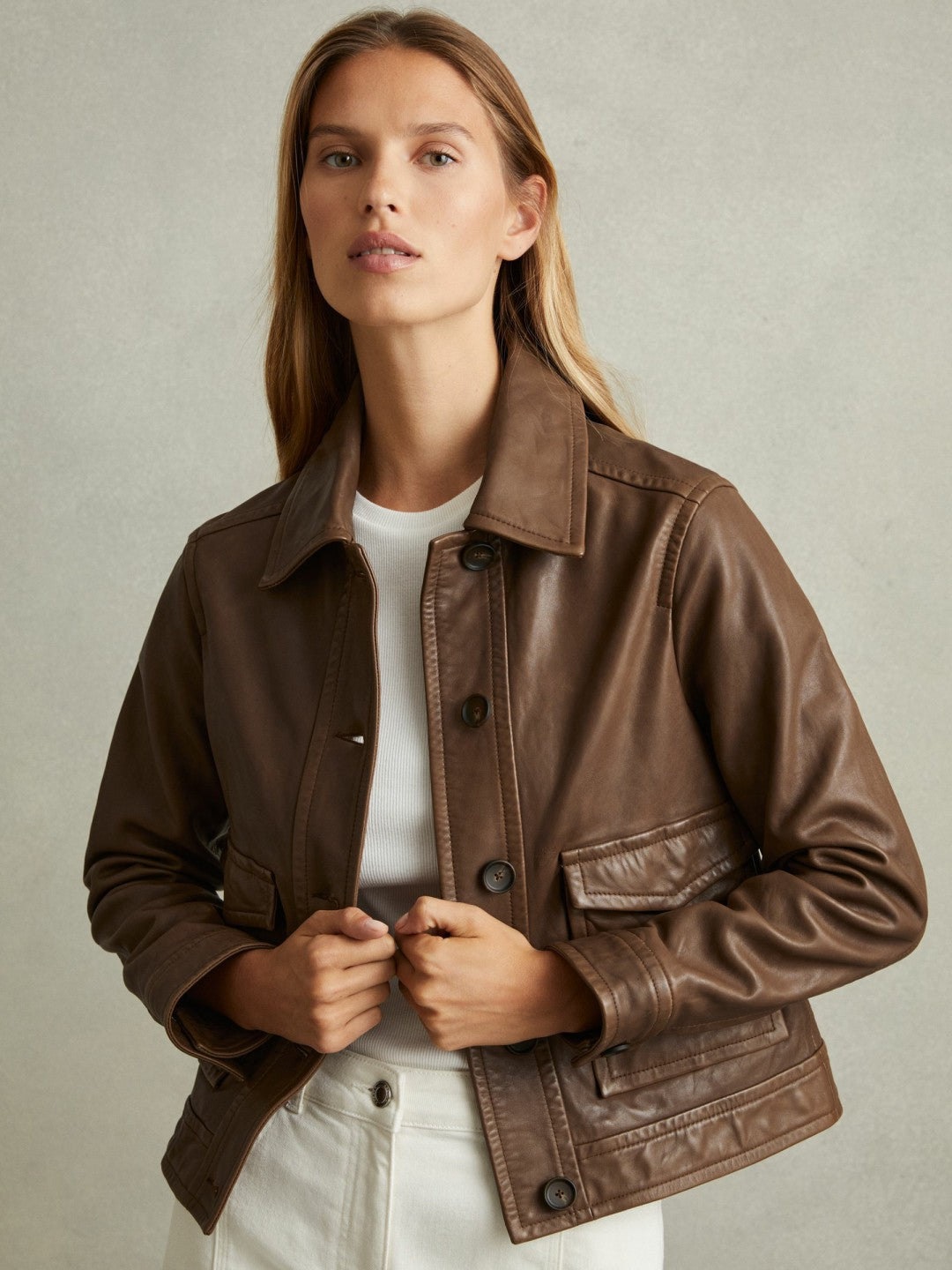 Leather Trucker Jacket in Chocolate | Reiss Women Best Seller