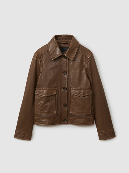Leather Trucker Jacket in Chocolate | Reiss Women Best Seller