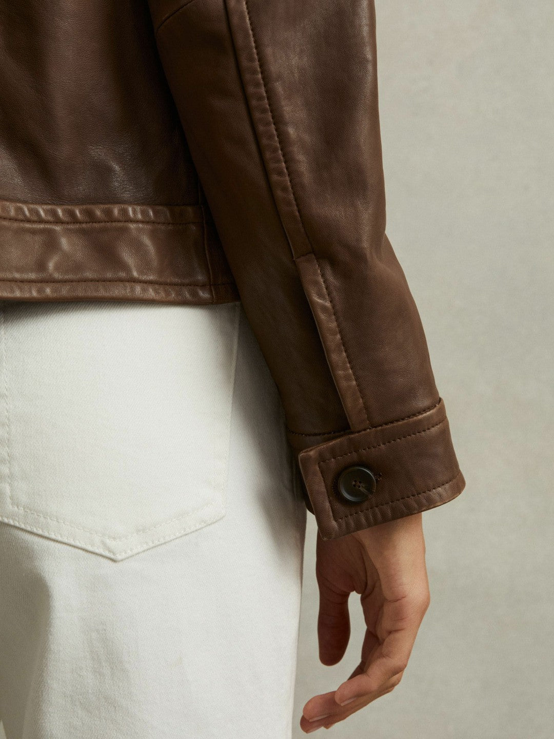 Leather Trucker Jacket in Chocolate | Reiss Women Best Seller