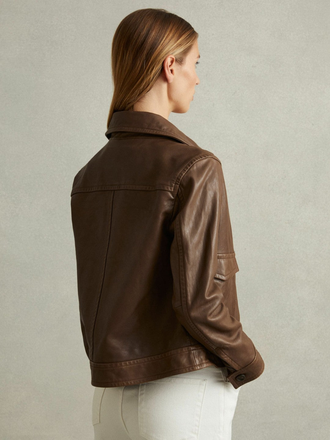 Leather Trucker Jacket in Chocolate | Reiss Women Best Seller