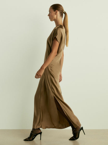 Satin Short-Sleeve Midi Dress in Khaki | Reiss Women Signature
