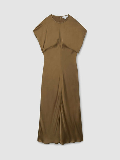 Satin Short-Sleeve Midi Dress in Khaki | Reiss Women Signature