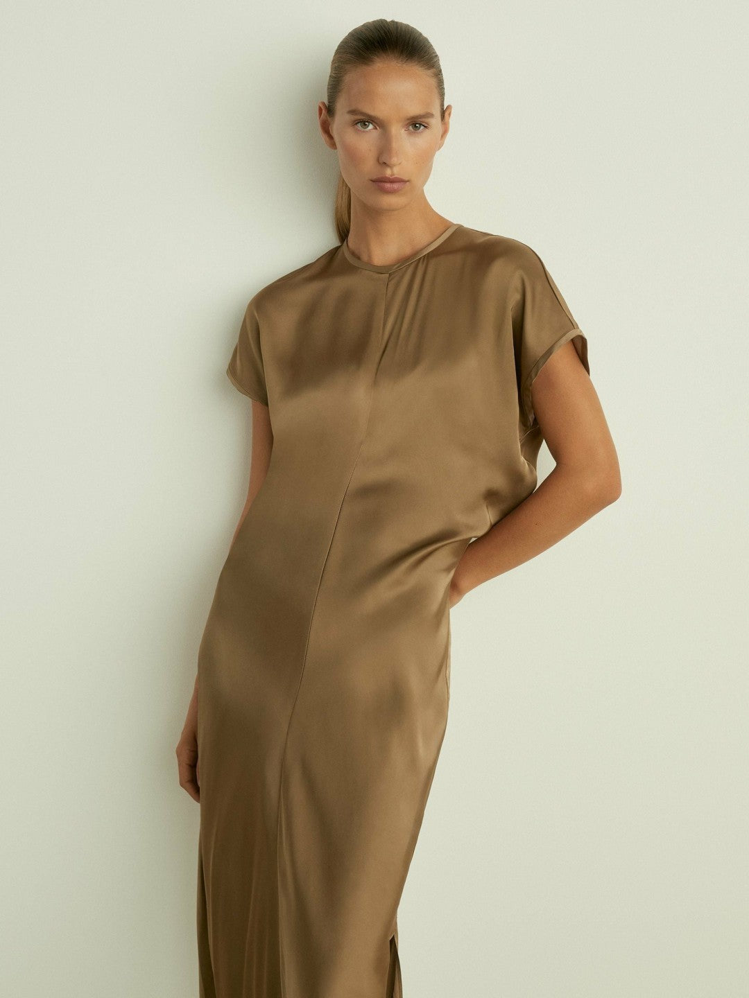 Satin Short-Sleeve Midi Dress in Khaki | Reiss Women Signature