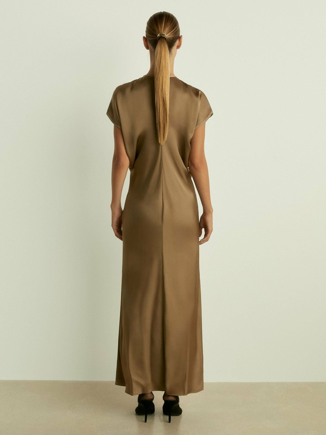 Satin Short-Sleeve Midi Dress in Khaki | Reiss Women Signature