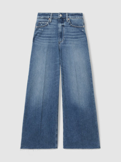 Paige Wide Leg Raw Hem Cropped Jeans in Rock Show Blue | Reiss Women Premium