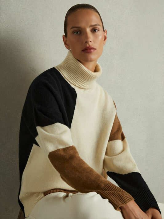 Wool-Cashmere Colourblock-Intarsia Jumper in Cream/Brown | Reiss Women Best Seller