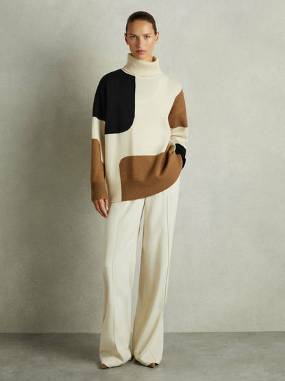 Wool-Cashmere Colourblock-Intarsia Jumper in Cream/Brown | Reiss Women Best Seller