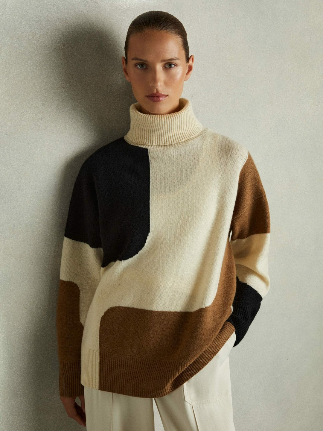 Wool-Cashmere Colourblock-Intarsia Jumper in Cream/Brown | Reiss Women Best Seller