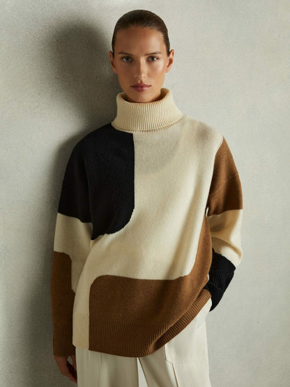 Wool-Cashmere Colourblock-Intarsia Jumper in Cream/Brown | Reiss Women Best Seller