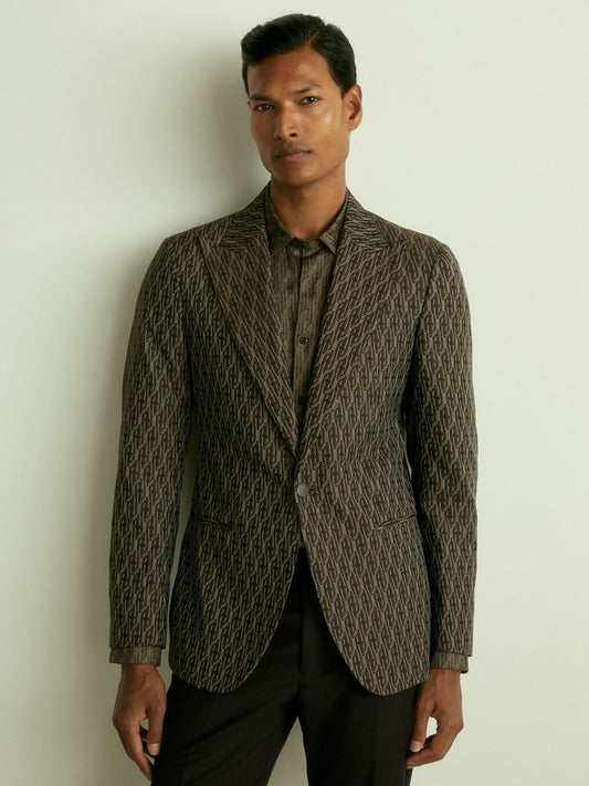 Monogram-Jacquard Twill Blazer in Chocolate Brown | Reiss Men Recommended