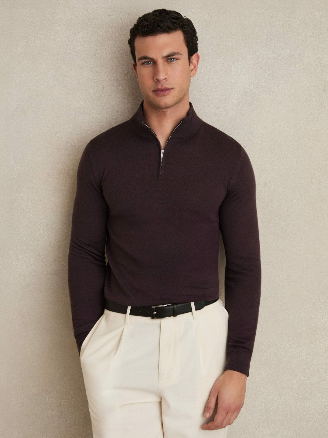 Merino Wool Half-Zip Jumper in Dark Bordeaux | Reiss Men Premium
