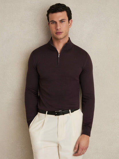 Merino Wool Half-Zip Jumper in Dark Bordeaux | Reiss Men Premium