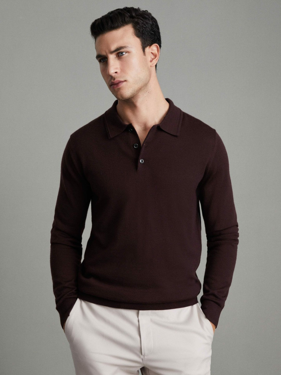 Merino Wool Polo Shirt in Dark Bordeaux | Reiss Men Exclusive