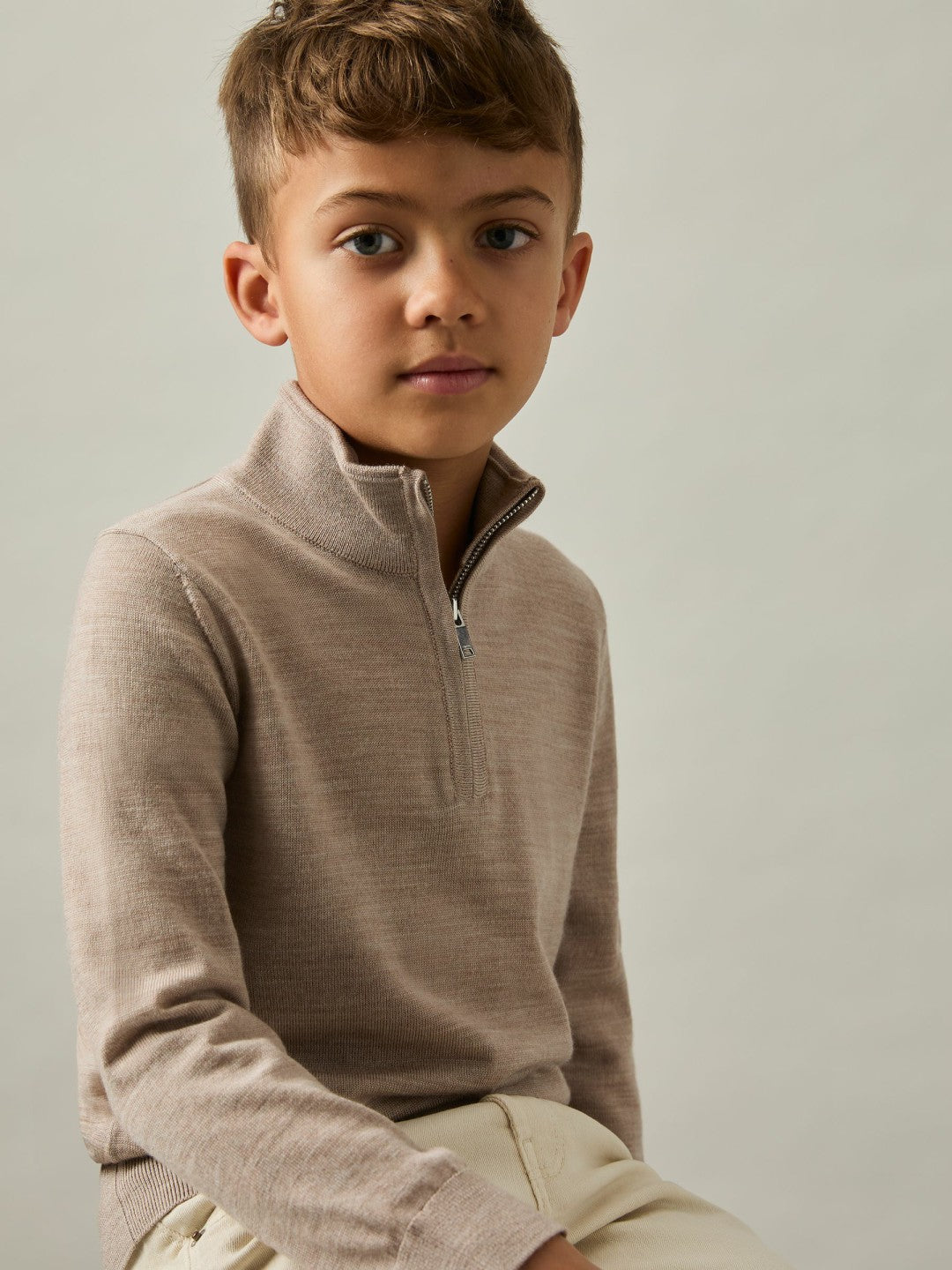 9-13 yrs Merino Wool Half-Zip Funnel Neck Jumper in Wheat Melange | Reiss Children & Baby Exclusive