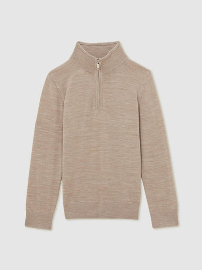 9-13 yrs Merino Wool Half-Zip Funnel Neck Jumper in Wheat Melange | Reiss Children & Baby Exclusive