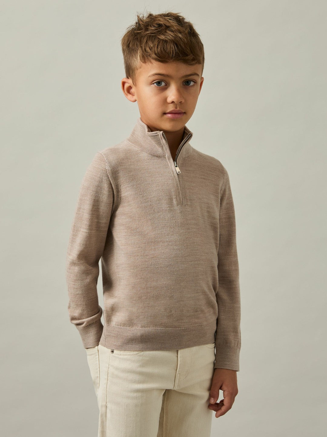 9-13 yrs Merino Wool Half-Zip Funnel Neck Jumper in Wheat Melange | Reiss Children & Baby Exclusive