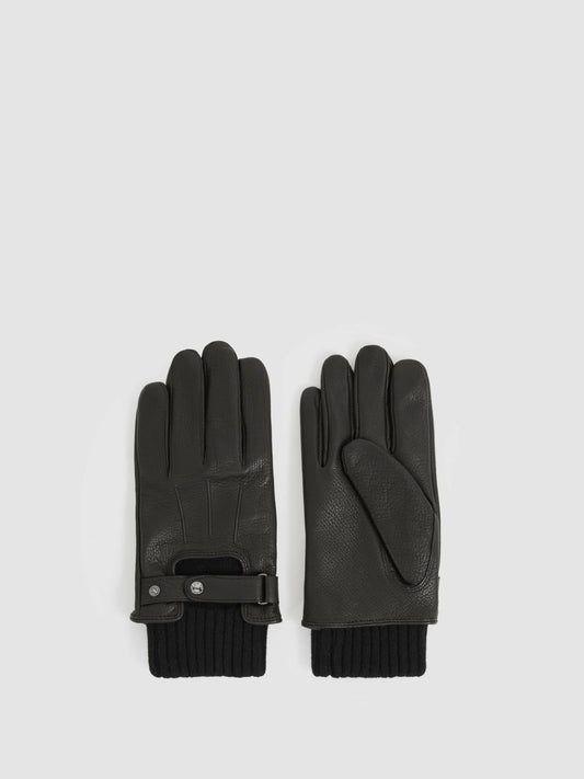 Leather Ribbed-Cuff Gloves in Black | Reiss Men New