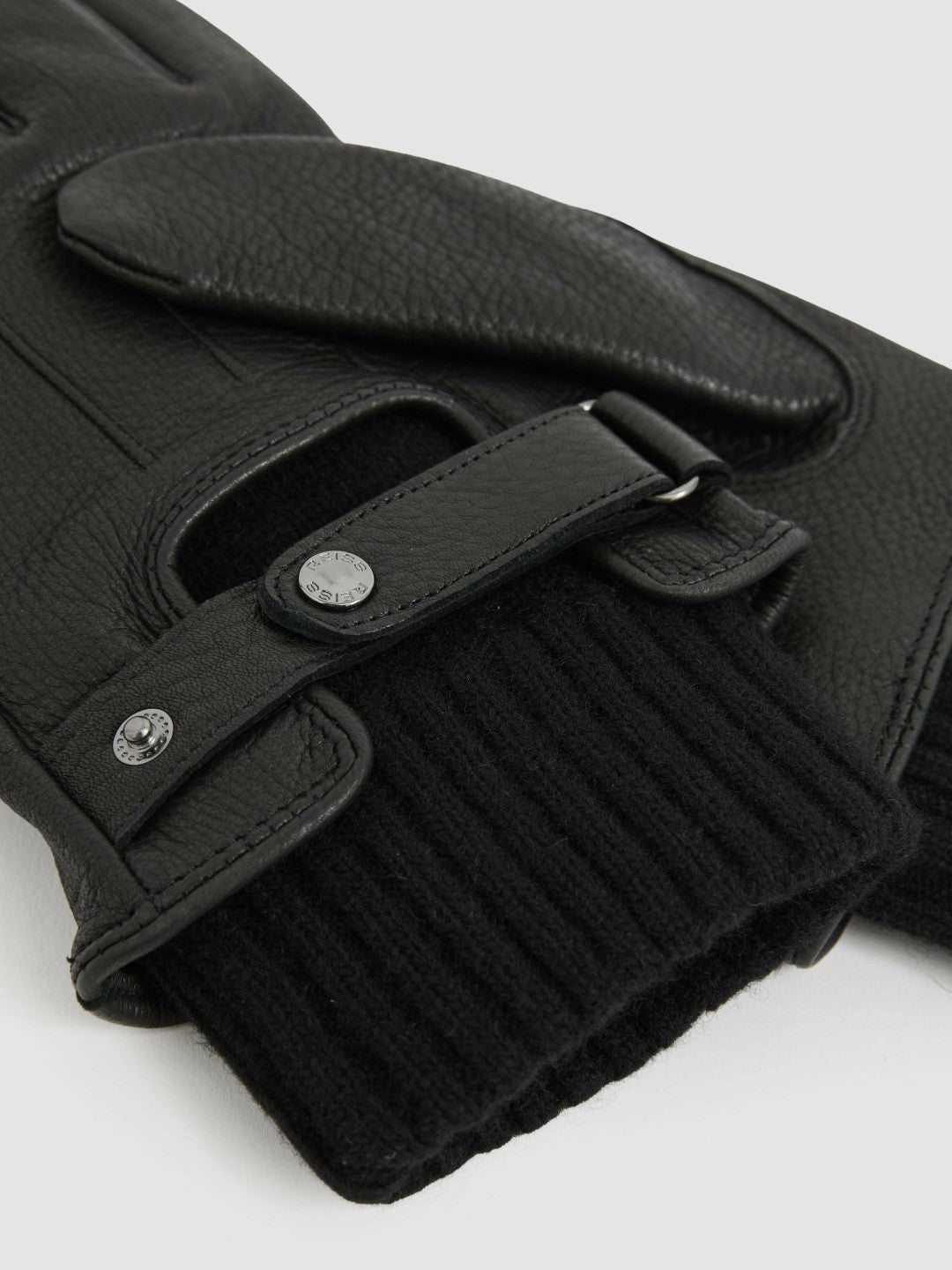 Leather Ribbed-Cuff Gloves in Black | Reiss Men New