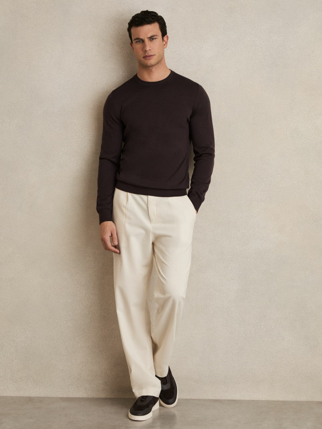 Merino Wool Crew Neck Jumper in Dark Bordeaux | Reiss Men Signature