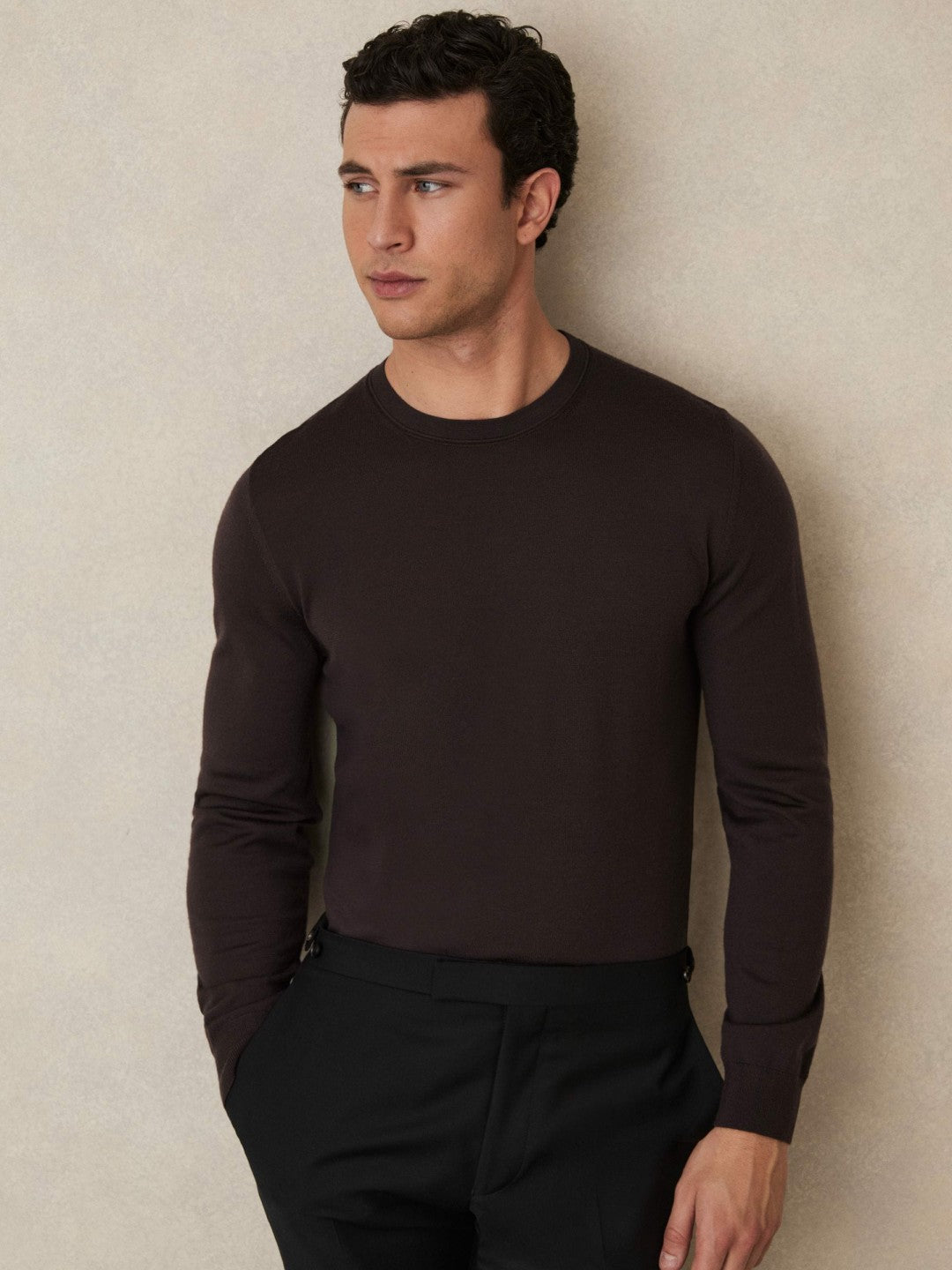 Merino Wool Crew Neck Jumper in Dark Bordeaux | Reiss Men Signature