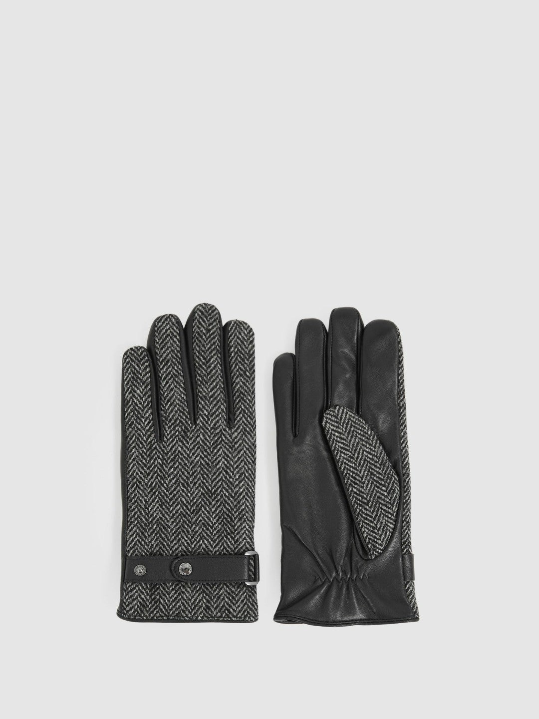 Leather And Wool-Blend Herringbone Gloves in Black | Reiss Men Exclusive