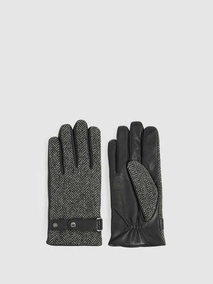 Leather And Wool-Blend Herringbone Gloves in Black | Reiss Men Exclusive
