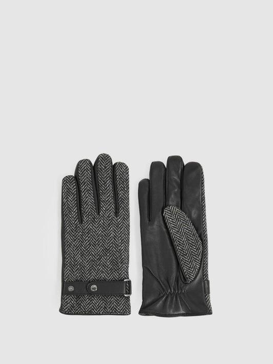 Leather And Wool-Blend Herringbone Gloves in Black | Reiss Men Exclusive