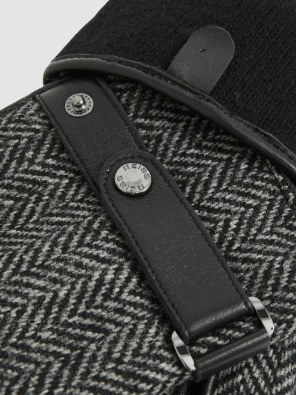 Leather And Wool-Blend Herringbone Gloves in Black | Reiss Men Exclusive