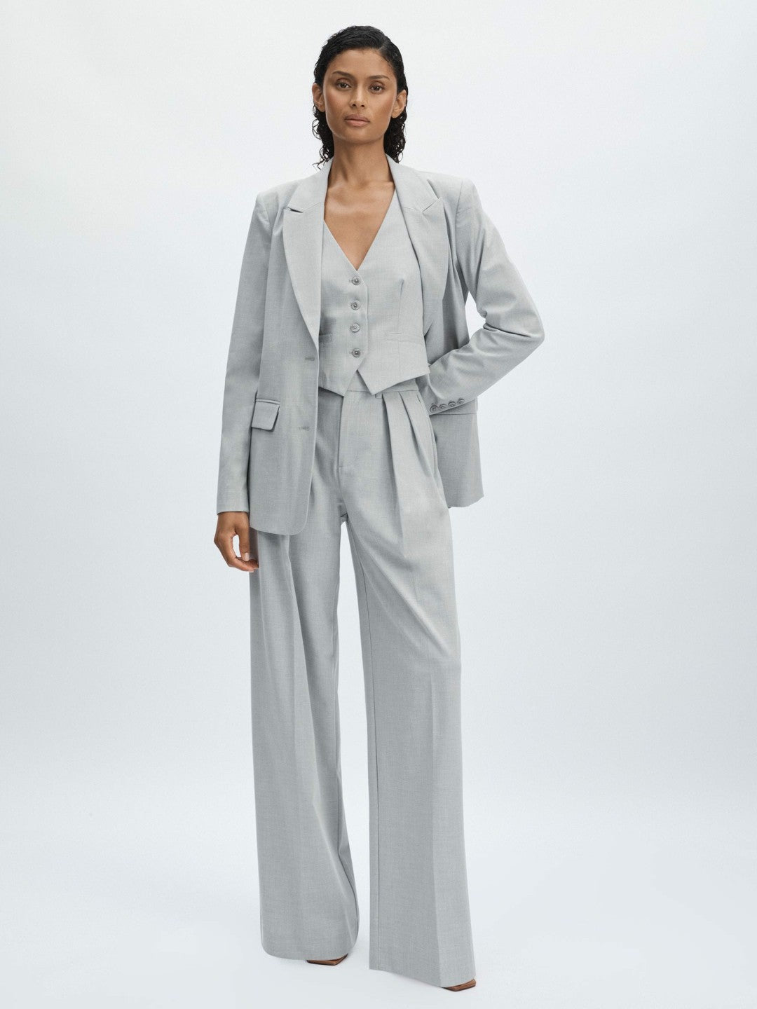 Good American Sharkskin Suit Waistcoat in Heather Grey | Reiss Women Featured