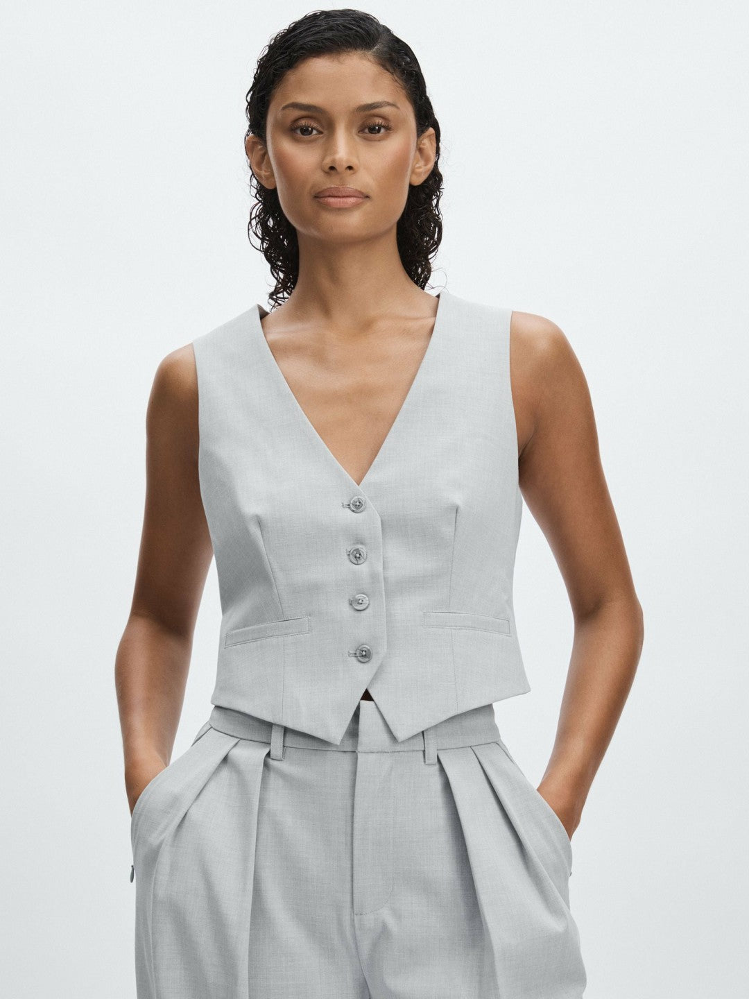 Good American Sharkskin Suit Waistcoat in Heather Grey | Reiss Women Featured