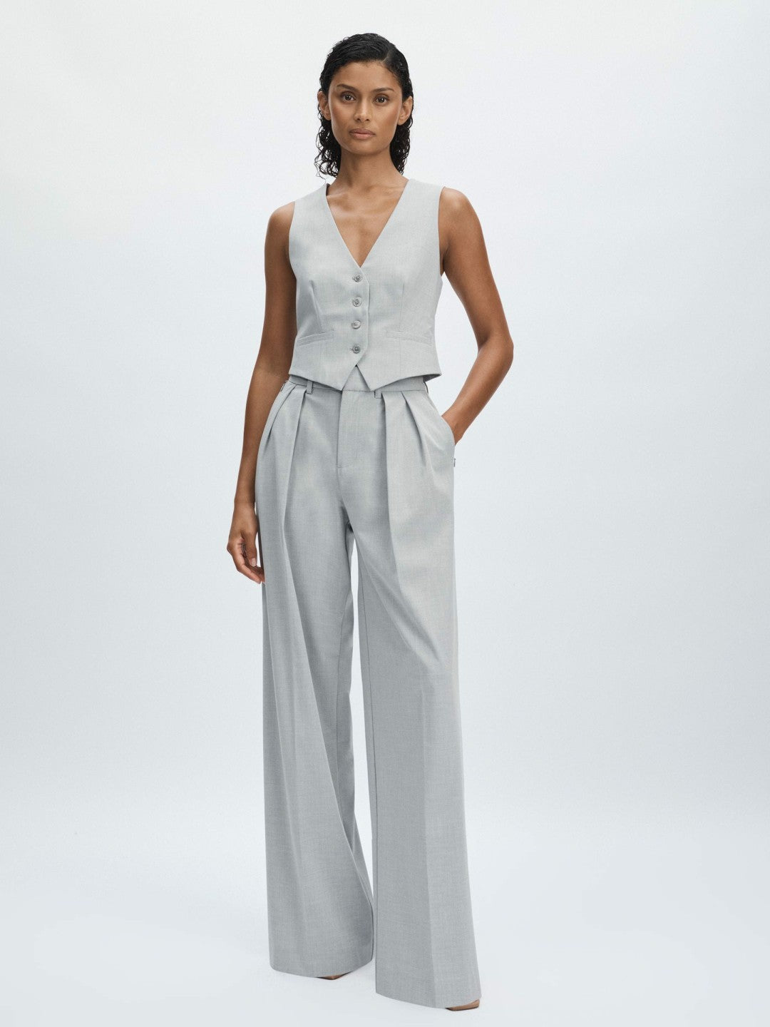 Good American Sharkskin Suit Waistcoat in Heather Grey | Reiss Women Featured