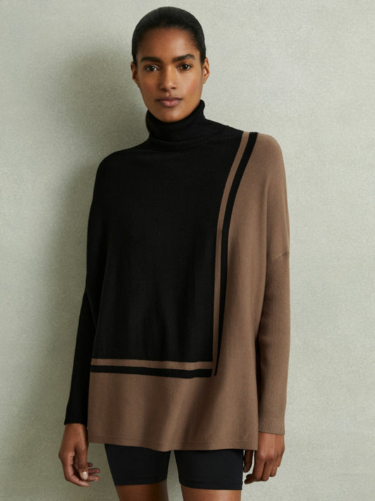 Colourblock Roll Neck Split Hem Jumper in Black/Mink | Reiss Women Featured
