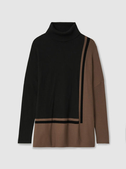 Colourblock Roll Neck Split Hem Jumper in Black/Mink | Reiss Women Featured