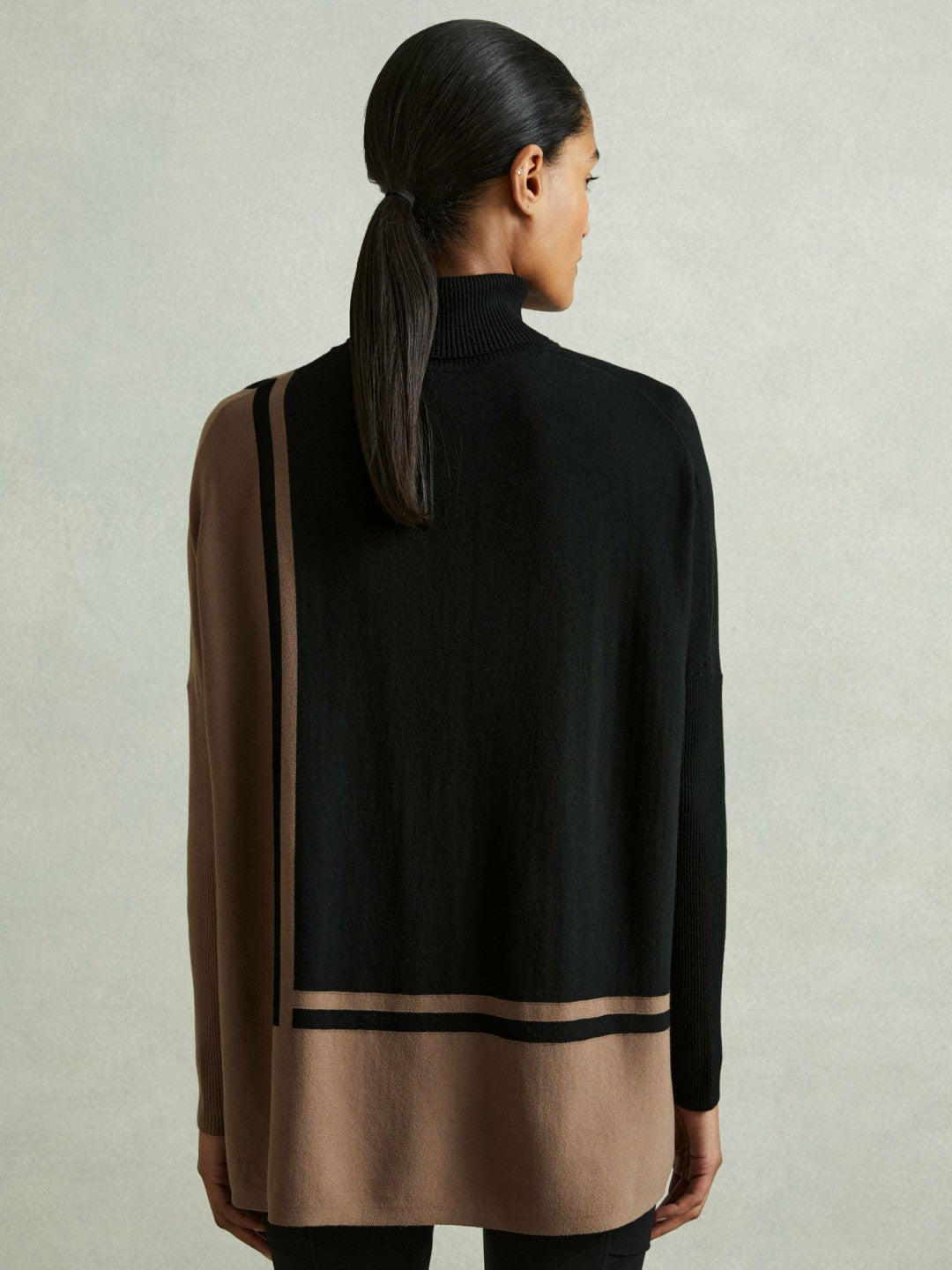Colourblock Roll Neck Split Hem Jumper in Black/Mink | Reiss Women Featured