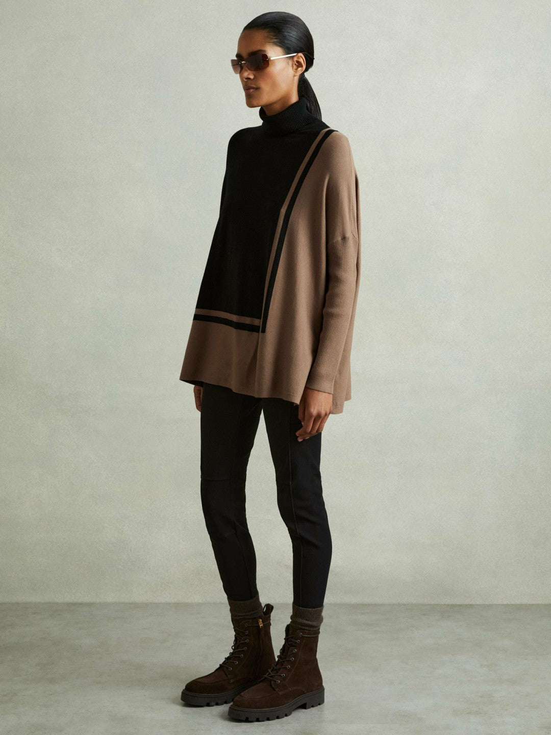 Colourblock Roll Neck Split Hem Jumper in Black/Mink | Reiss Women Featured