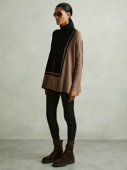 Colourblock Roll Neck Split Hem Jumper in Black/Mink | Reiss Women Featured