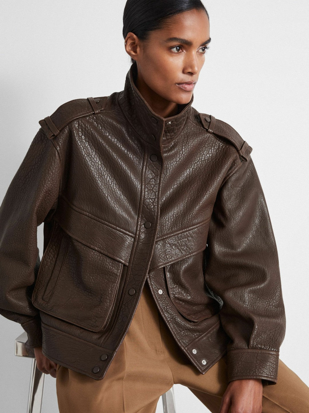 Atelier Grained Leather Jacket in Chocolate | Reiss Women Featured