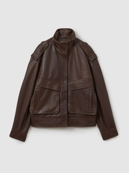 Atelier Grained Leather Jacket in Chocolate | Reiss Women Featured
