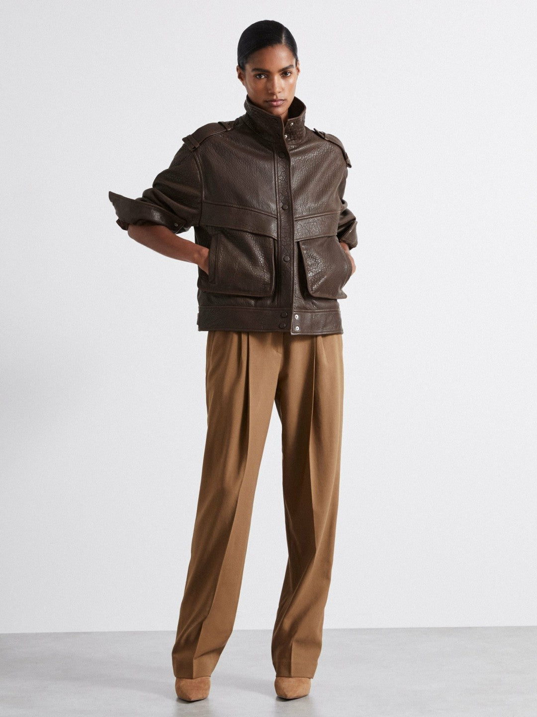 Atelier Grained Leather Jacket in Chocolate | Reiss Women Featured