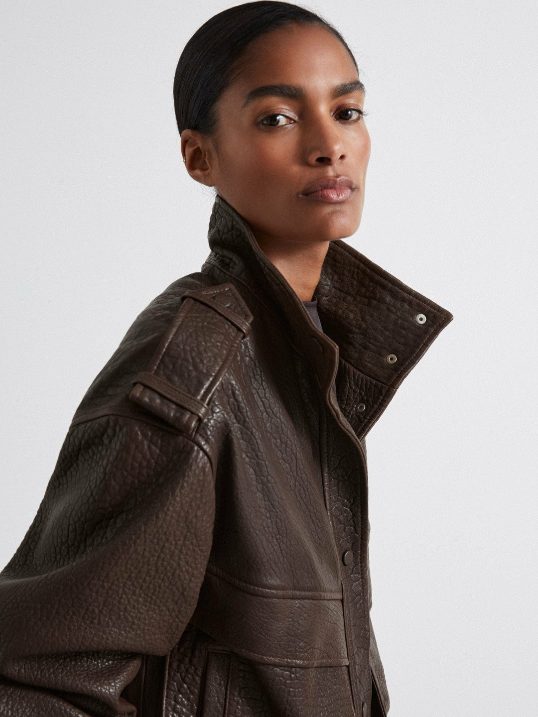 Atelier Grained Leather Jacket in Chocolate | Reiss Women Featured