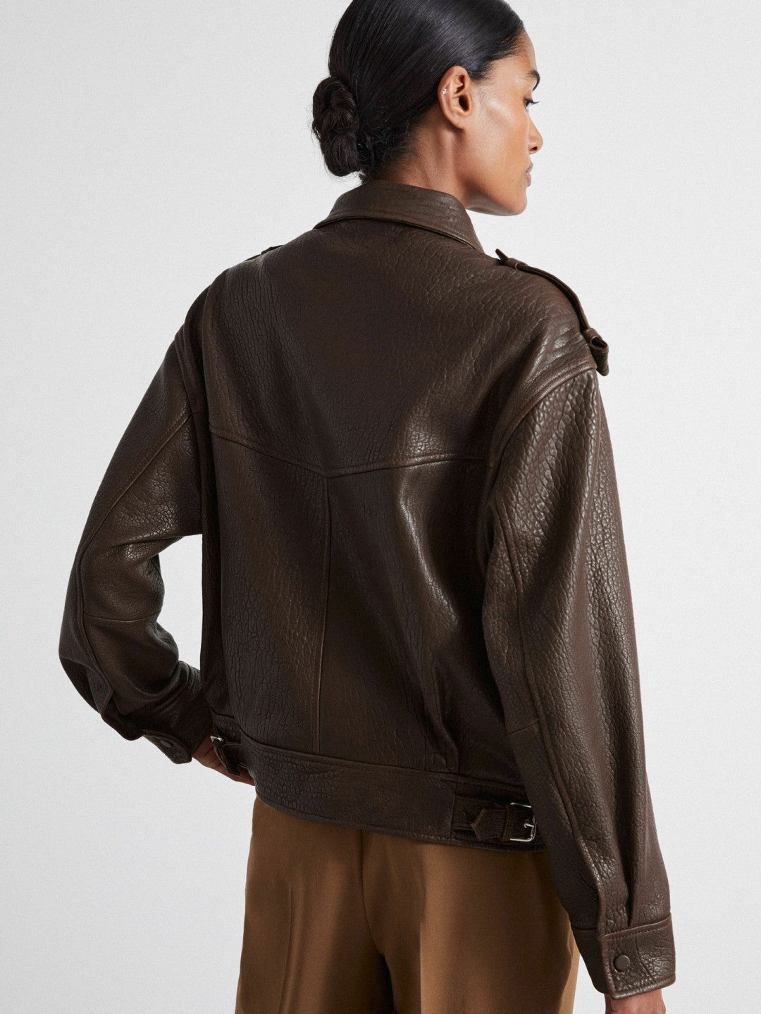 Atelier Grained Leather Jacket in Chocolate | Reiss Women Featured