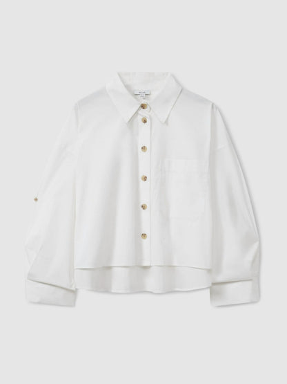 Oversize Cotton Cropped Shirt in White | Reiss Women New