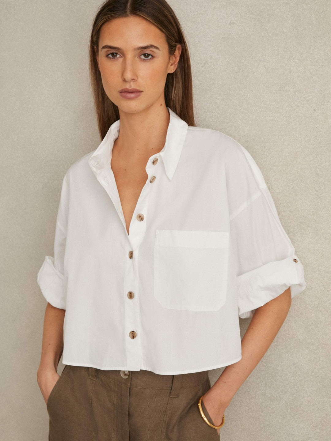 Oversize Cotton Cropped Shirt in White | Reiss Women New