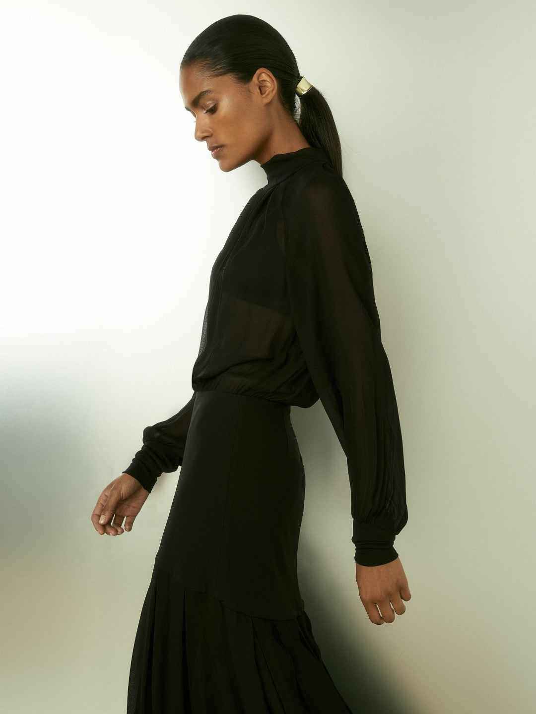 Sheer Jersey Gathered Maxi Dress in Black | Reiss Women Exclusive