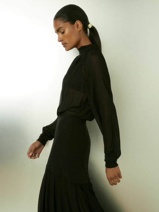 Sheer Jersey Gathered Maxi Dress in Black | Reiss Women Exclusive