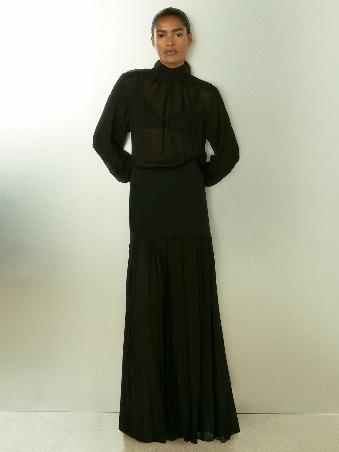 Sheer Jersey Gathered Maxi Dress in Black | Reiss Women Exclusive