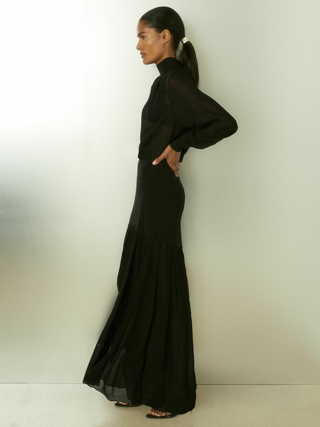 Sheer Jersey Gathered Maxi Dress in Black | Reiss Women Exclusive